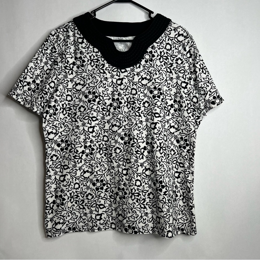 Denim & Co. Womens White Black Floral Printed Short Sleeve Tunic Top Size‎ M